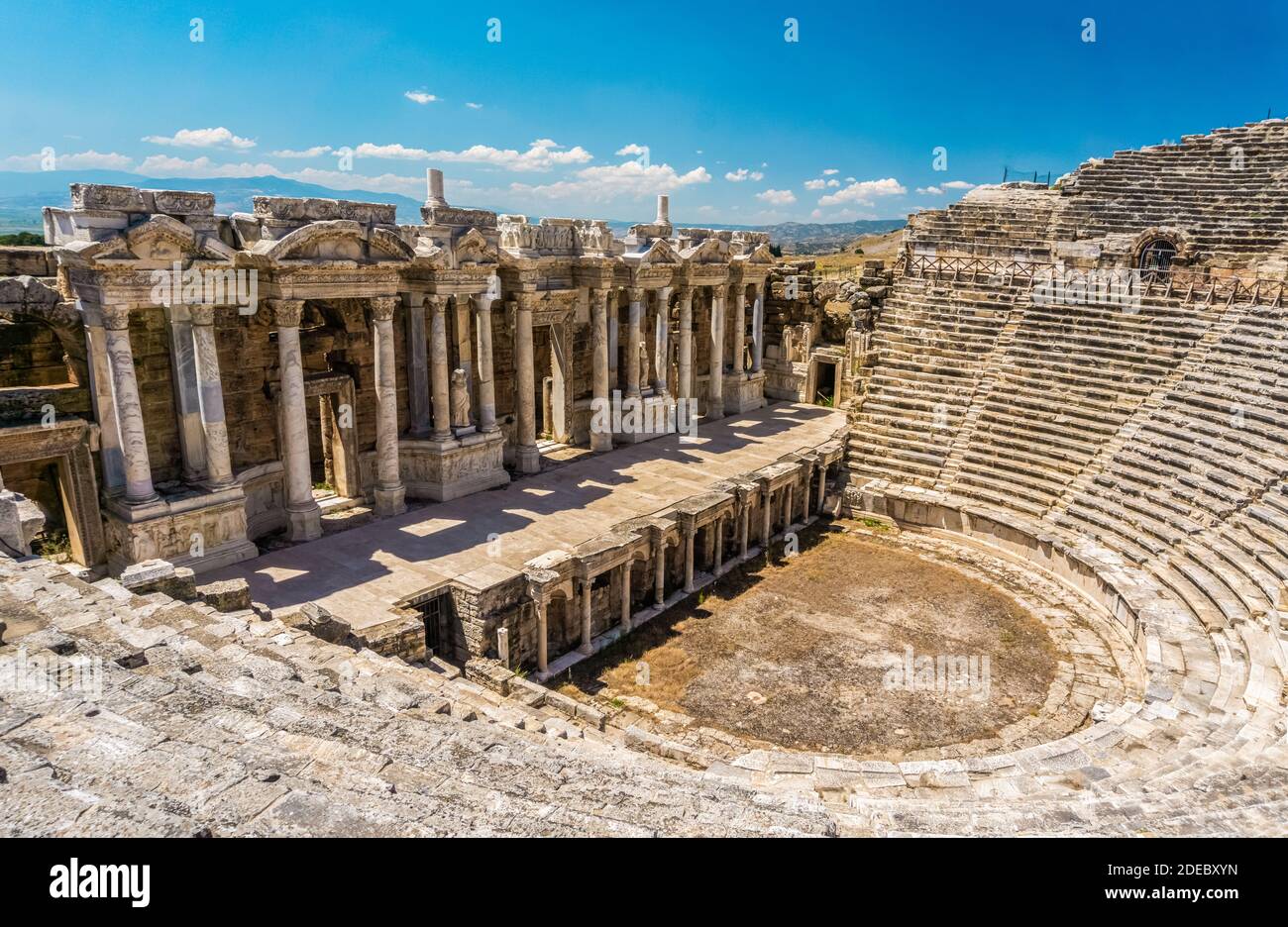 Hierapolis Ancient City Theater, Pamukkale, Denizli, Turkey. Roman Theater view from inside. Stock Photo