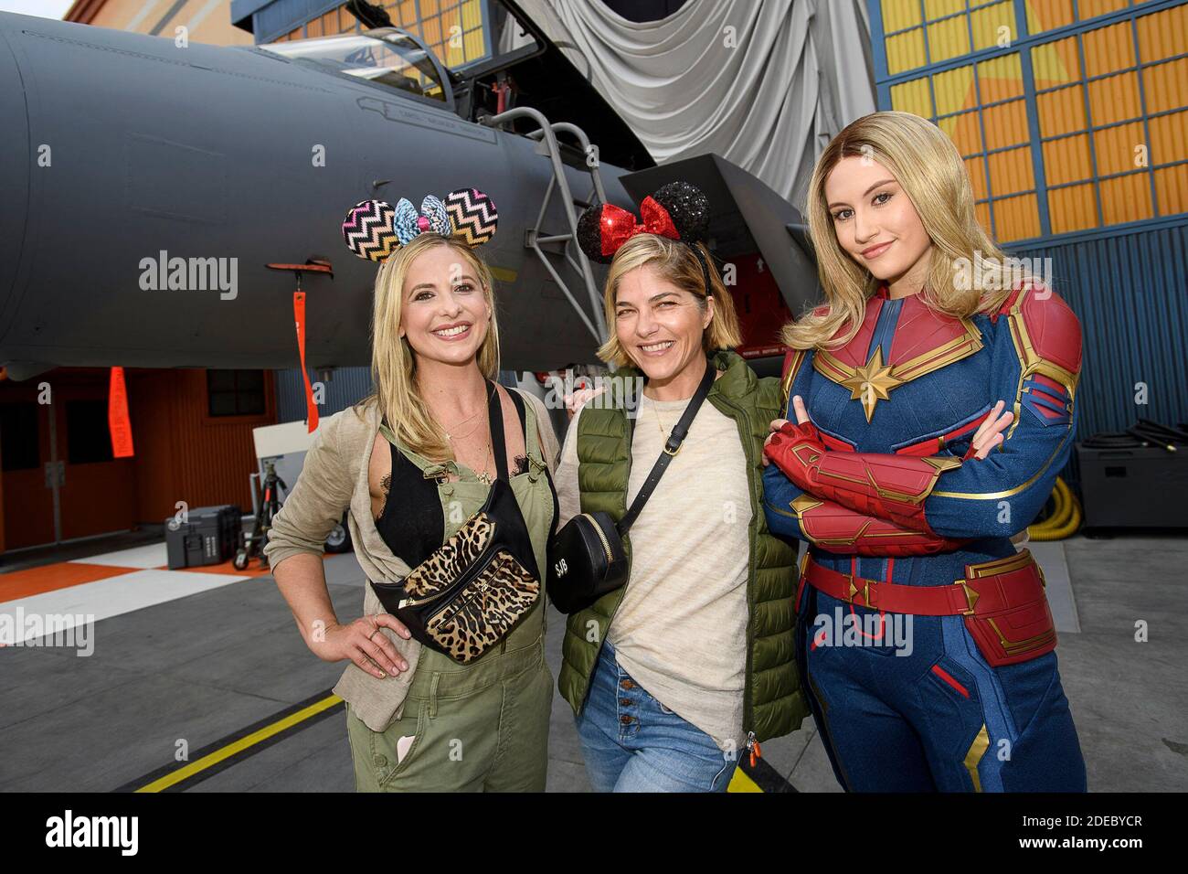 HANDOUT - Actresses and friends Sarah Michelle Gellar (left) and Selma Blair share a special moment with Captain Marvel at Disney California Adventure Park in Los Angeles, CA, USA, on March 28, 2019. The friends were celebrating over 20 years of friendship while visiting Disneyland Resort. Photo supplied by Richard Harbaugh/Disneyland Resort/ABACAPRESS.COM Stock Photo