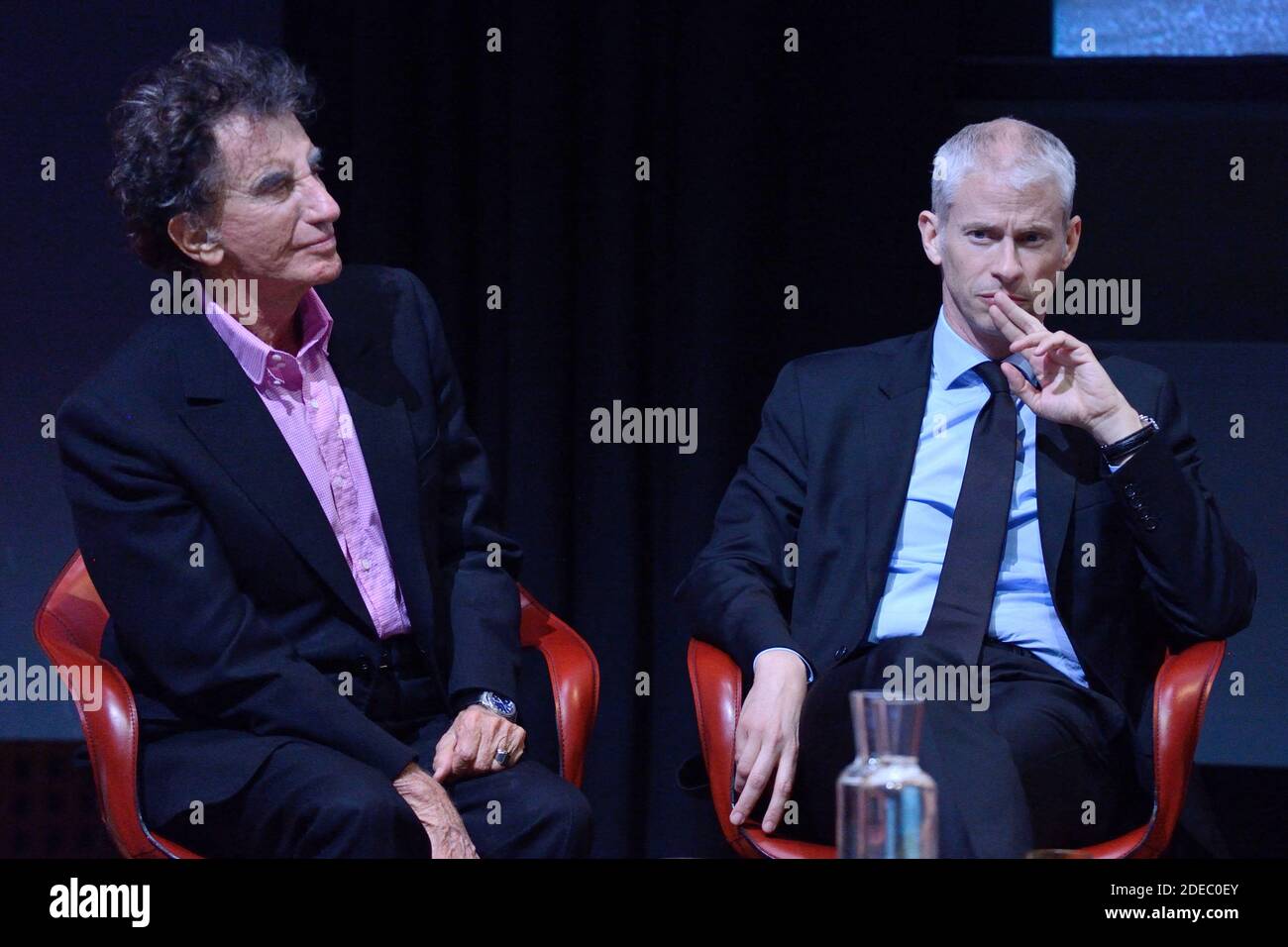 Jack Lang et Culture Minister Franck Riester attending the 'JR au Louvre & Le Secret de la Grande Pyramide' : Photographer and artist Jean Rene, aka JR, creates a monumental Piece of Art on the scale of Napoleon Court of the Louvre Museum on March 29, 2019 in Paris, France. As part of the celebrations of the 30th anniversary of the Louvre Pyramid, the street artist JR proposes a giant collage to bring out the Pyramid of the Louvre by revealing the foundations of the Napoleon courtyard where it is erected. Photo by Aurore Marechal/ABACAPRESS.COM Stock Photo