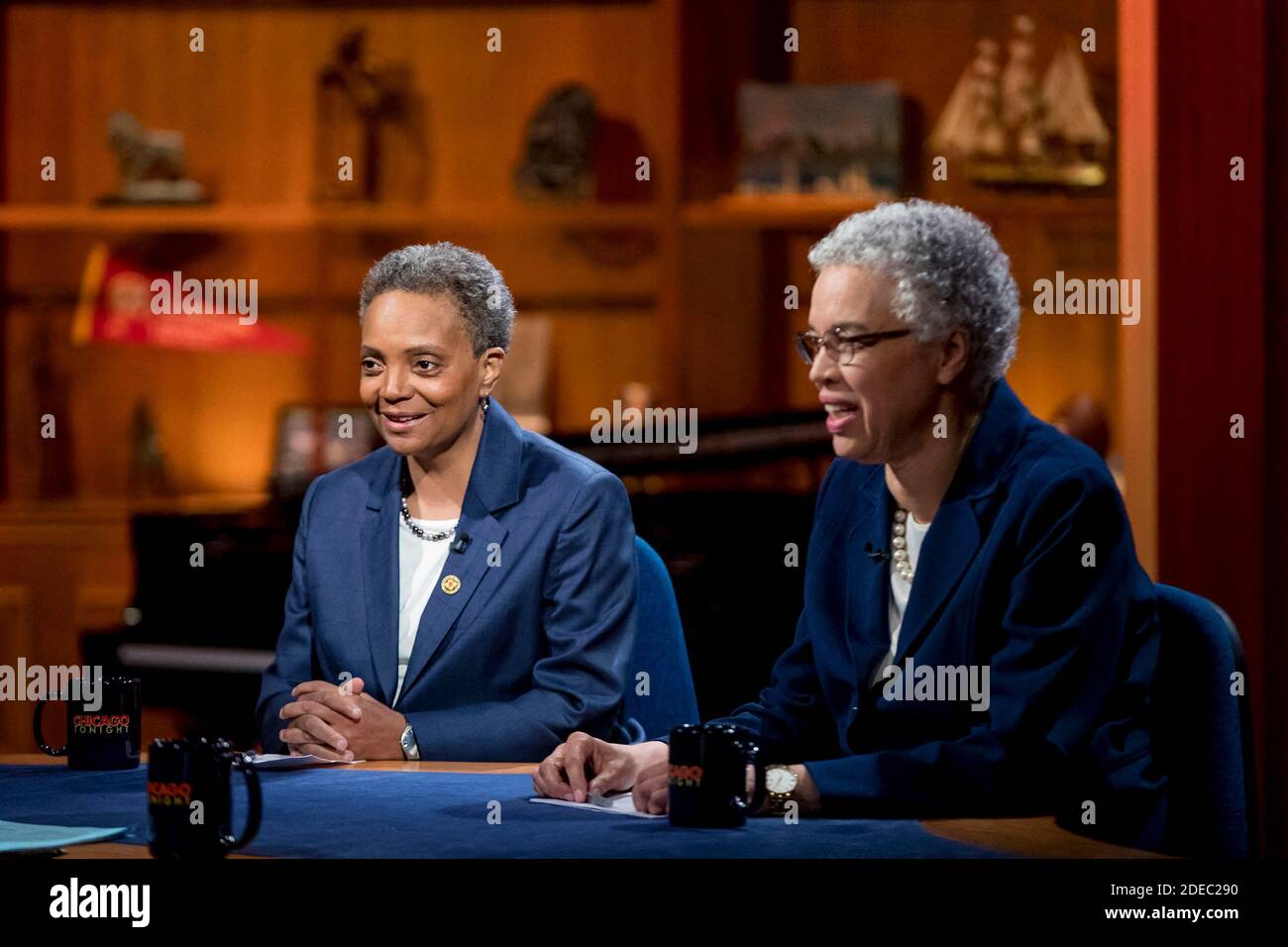 NO FILM, NO VIDEO, NO TV, NO DOCUMENTARY - Chicago mayoral candidates Lori Lightfoot and Toni Preckwinkle take their places before a forum Thursday, March 21, 2019 at WTTW. Photo by Brian Cassella/Chicago Tribune/TNS/ABACAPRESS.COM Stock Photo