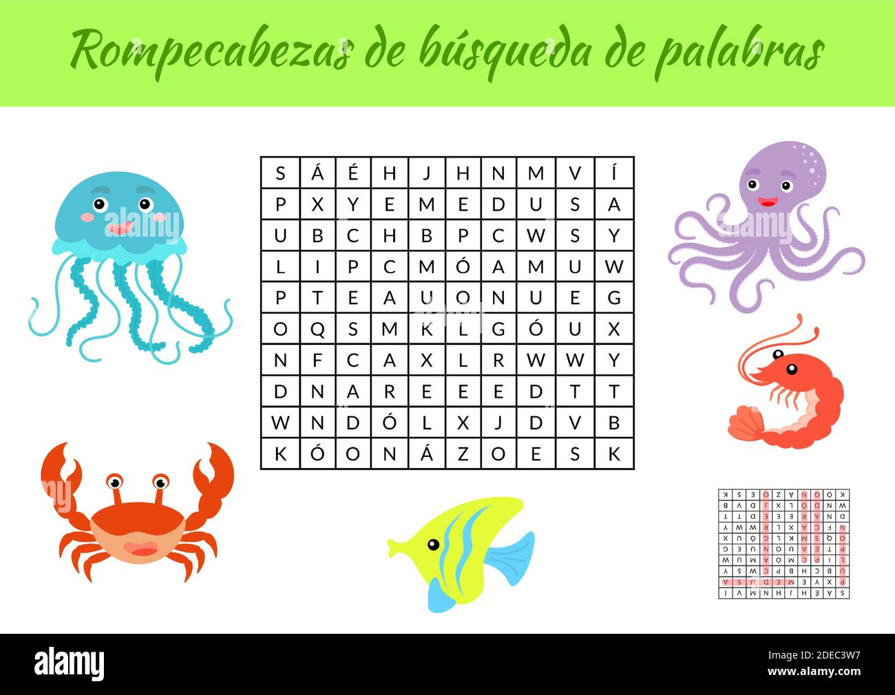 Rompecabezas de búsqueda de palabras - Word search puzzle. Educational game for study Spanish words. Kids activity worksheet Stock Vector