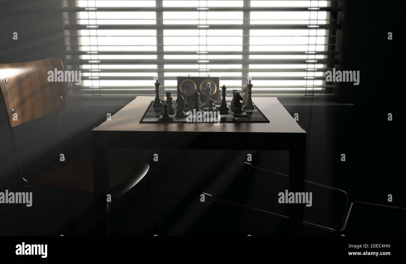 A completed chess game setup on a table with opposing chairs in a dark ...