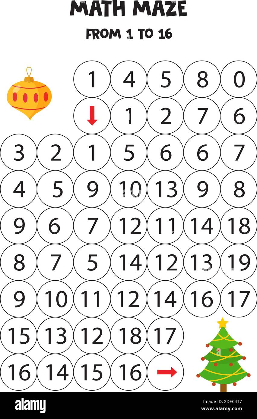 Math maze with Christmas tree and present ball. Educational ...