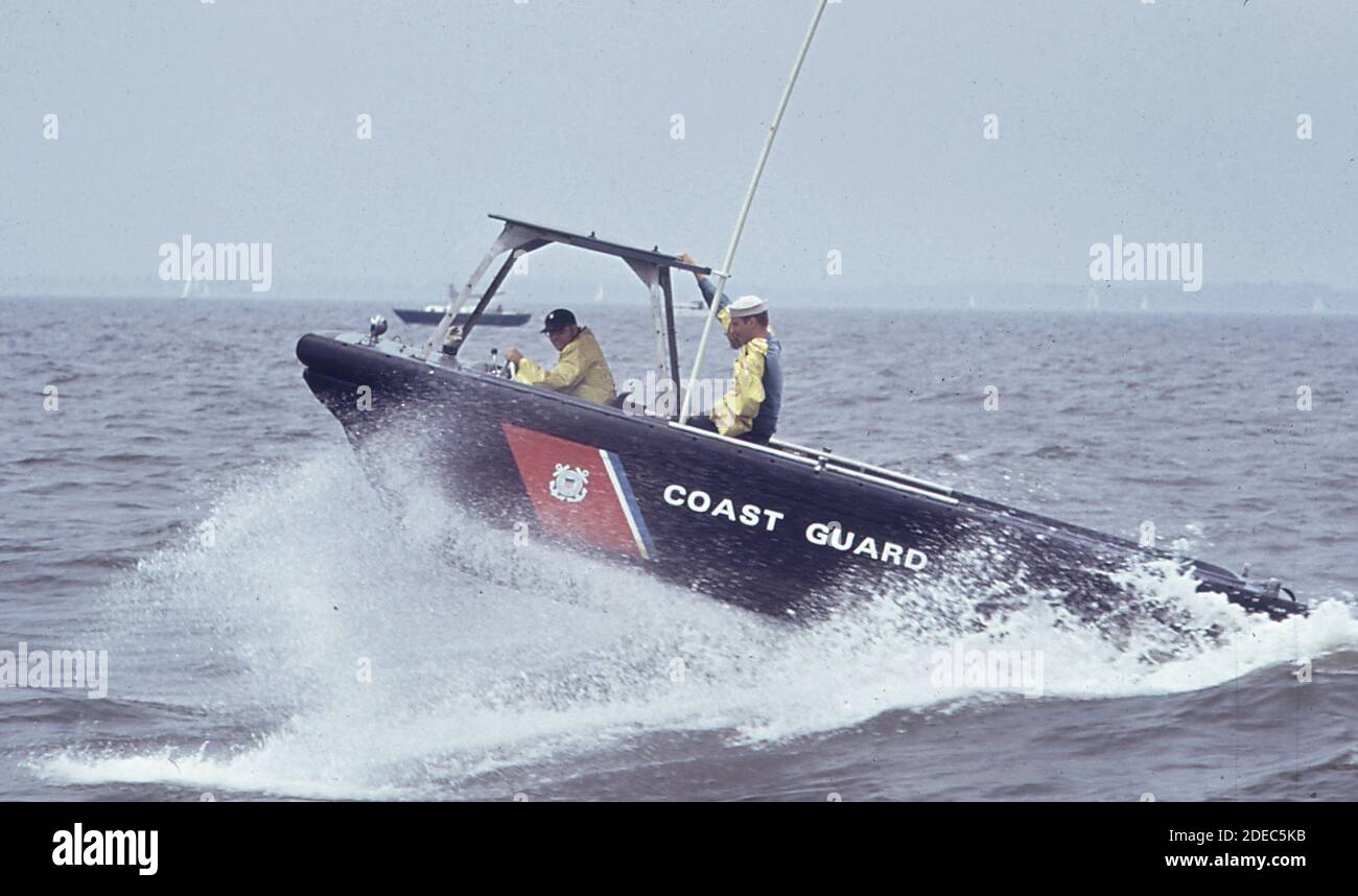 Coast Guard vessel making sharp port turn on Chesapeake Bay ca. 1973 Stock Photo