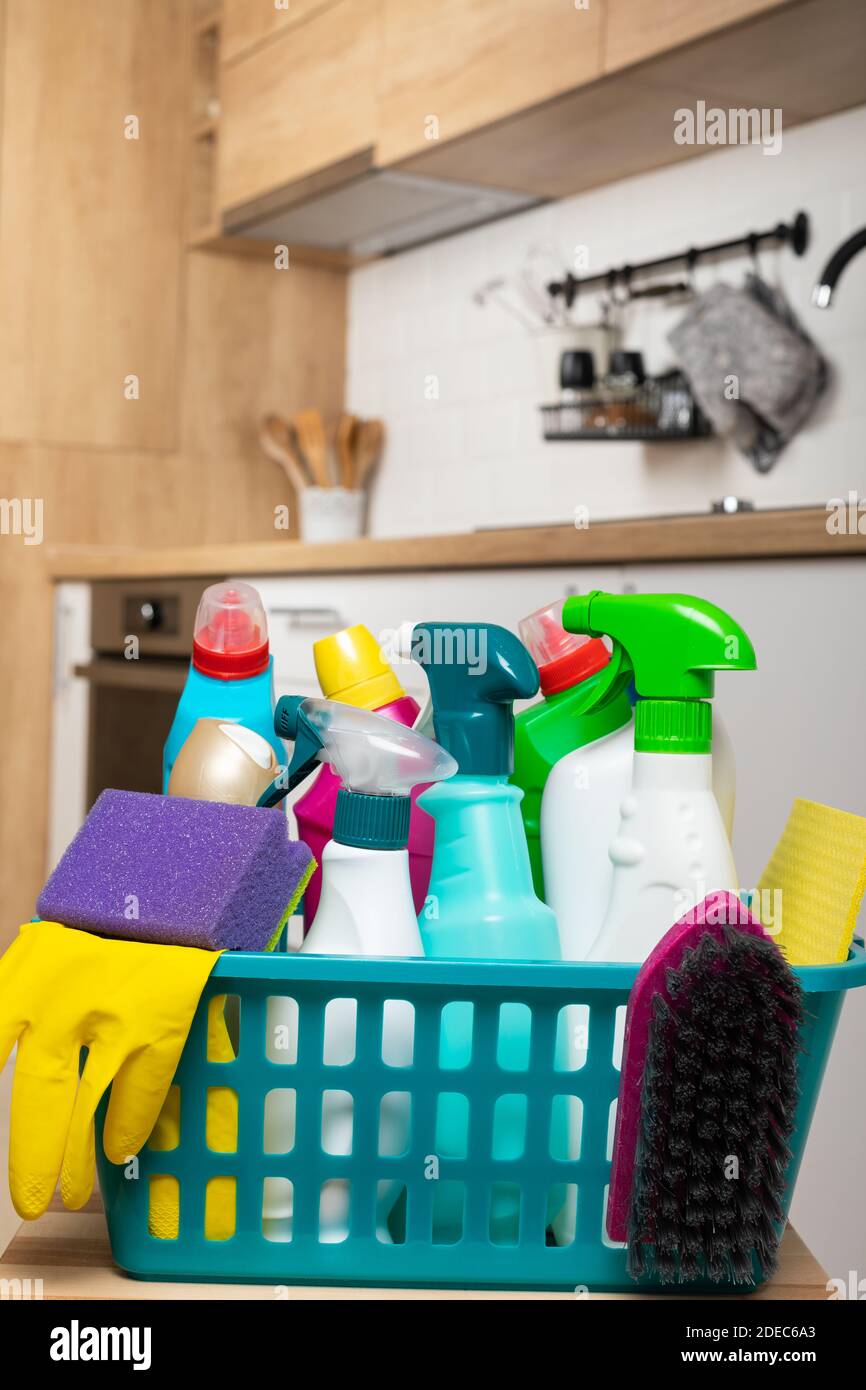 Colorful cleaning products in the kitchen Stock Photo Alamy
