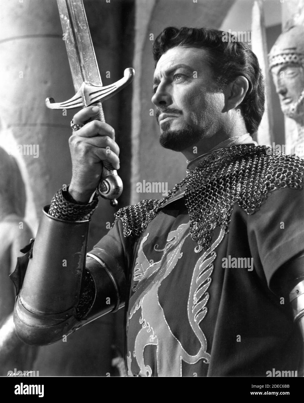 ROBERT TAYLOR Portrait as Lancelot in KNIGHTS OF THE ROUND TABLE 1953  director RICHARD THORPE based on Le Motte D'Arthur by Sir Thomas Malory  music Miklos Rozsa costumes Roger K. Furse Metro
