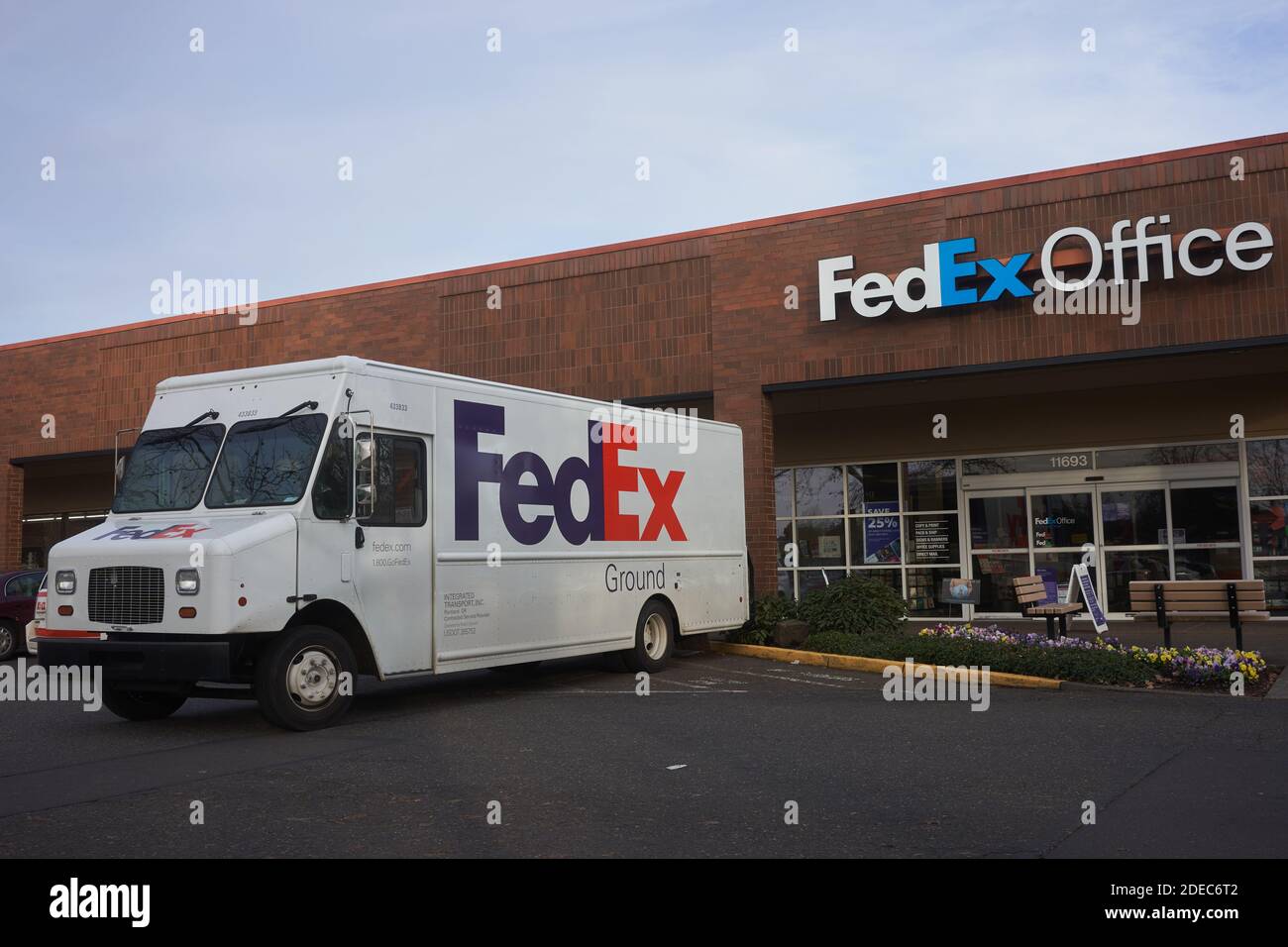 A FedEx Ground delivery truck is seen outside a FedEx office in Beaverton, Oregon. Stock Photo