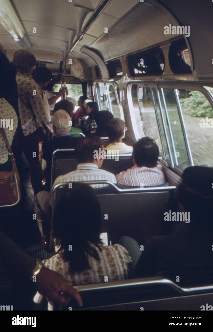 Commuters aboard a Metropolitan Atlanta Rapid Transit Authority (MARTA) bus in Atlanta; Georgia.  ca. 1974 Stock Photo