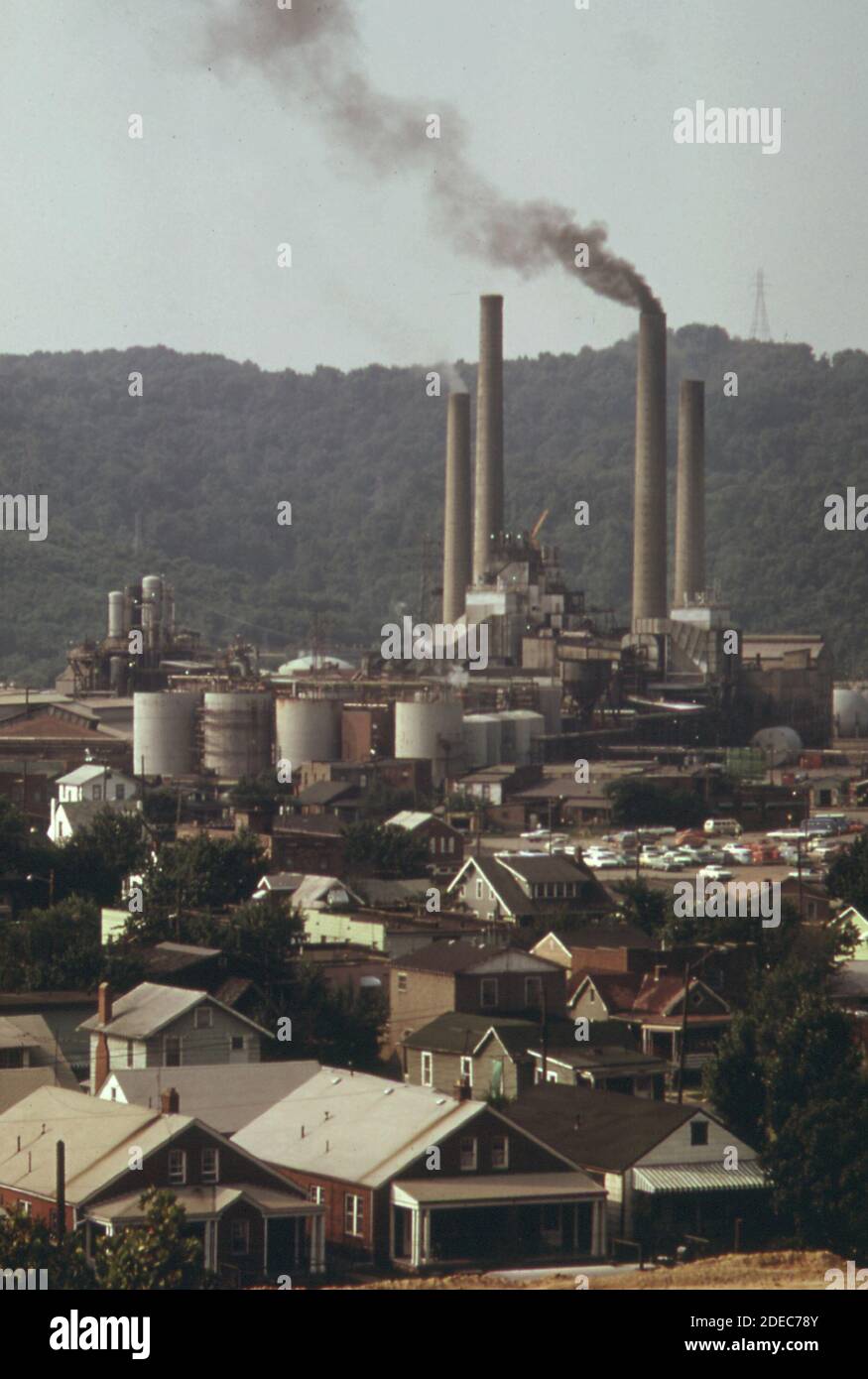 1970s Photo (1973) -  Smokestacks of the Union Carbide Plant in South Charleston West Virginia the residential section is close by Stock Photo