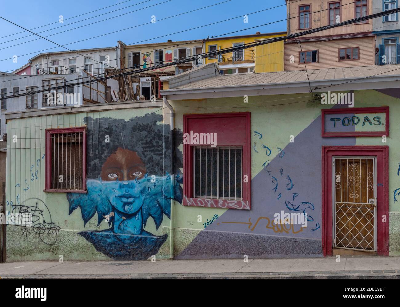 colored graffiti, street art in the historic old town of Valparaiso, Chile Stock Photo