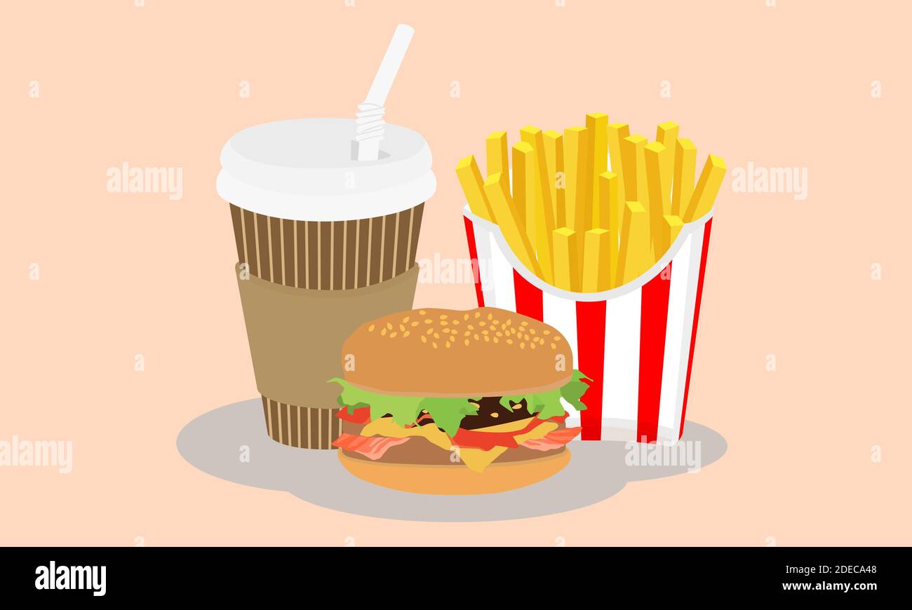 Fast Food Dishes Isolated. French Fries, Hamburger And Coffee Vector 