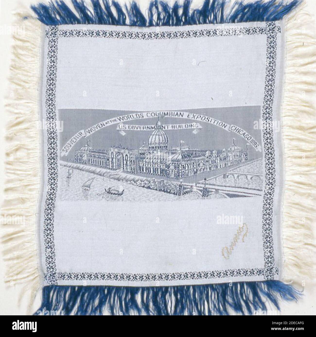 Medium: Silk; weft-float faced satin weave self-patterned by main warp floats and areas of plain interlacing; extended ground weft cut fringe; woven on loom with Jacquard attachment; signature embroidered in couching Stock Photo