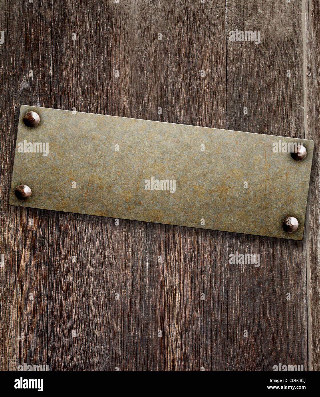 Horizontal background with metallic plate with vintage rivets on wood ...