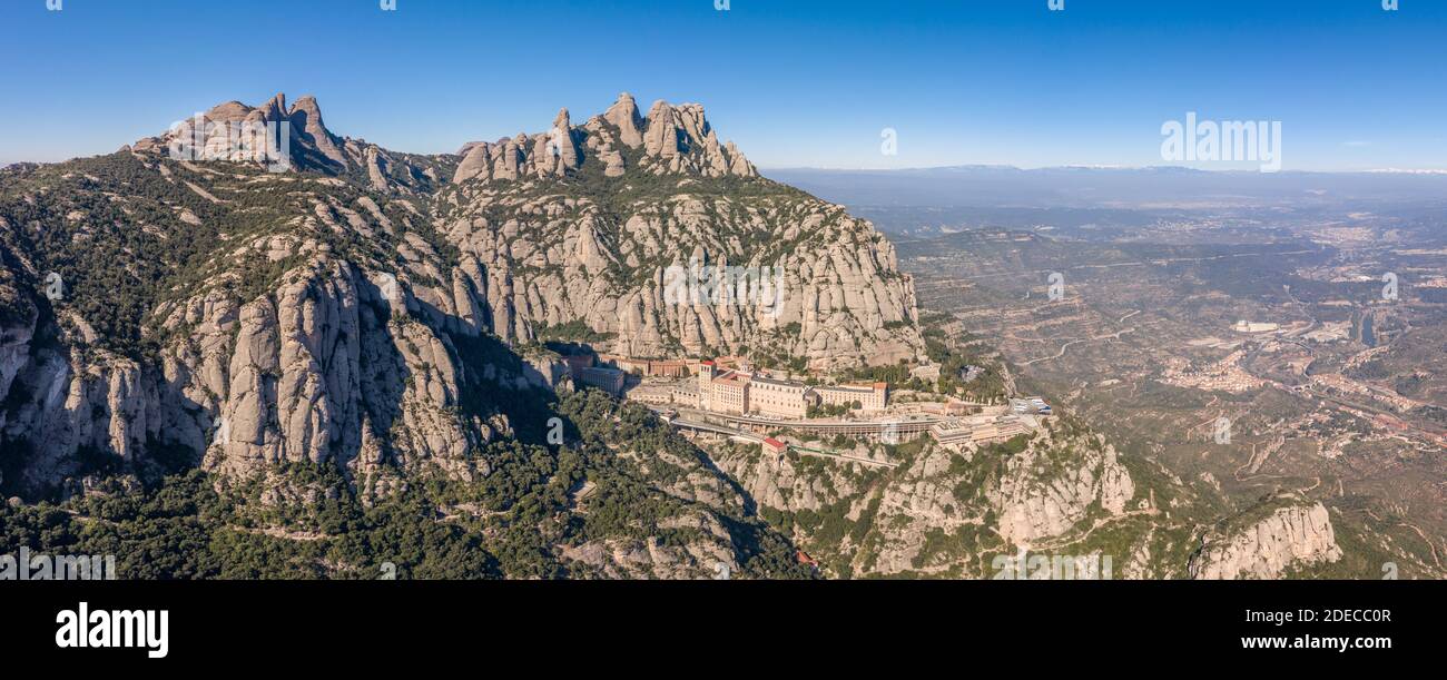 Panoramic aerial drone view of Abbey of Montserrat mountain near ...