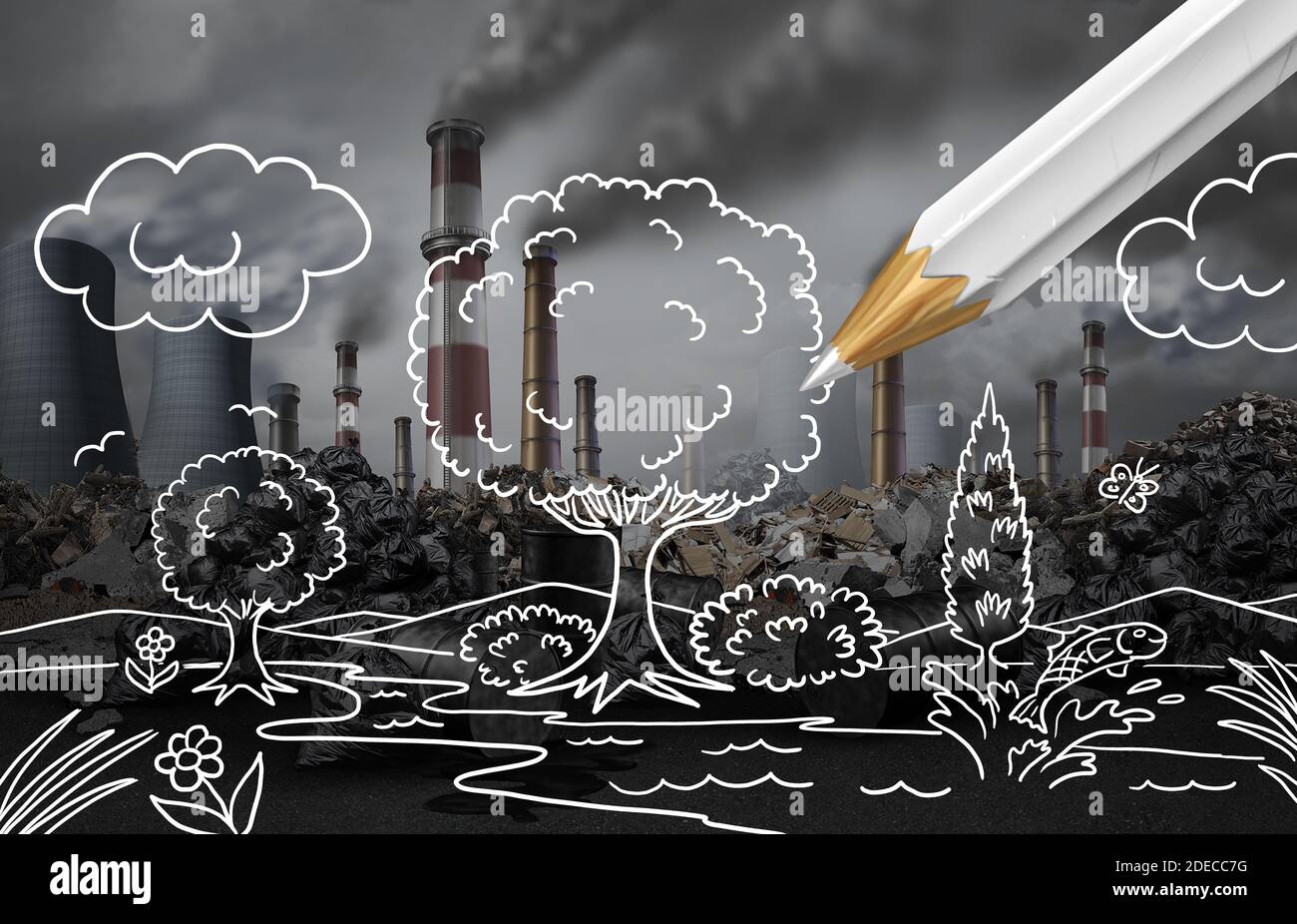 Climate change plan and environmental strategy with a global warming polluted industrial background being changed by a drawing of nature and natural. Stock Photo