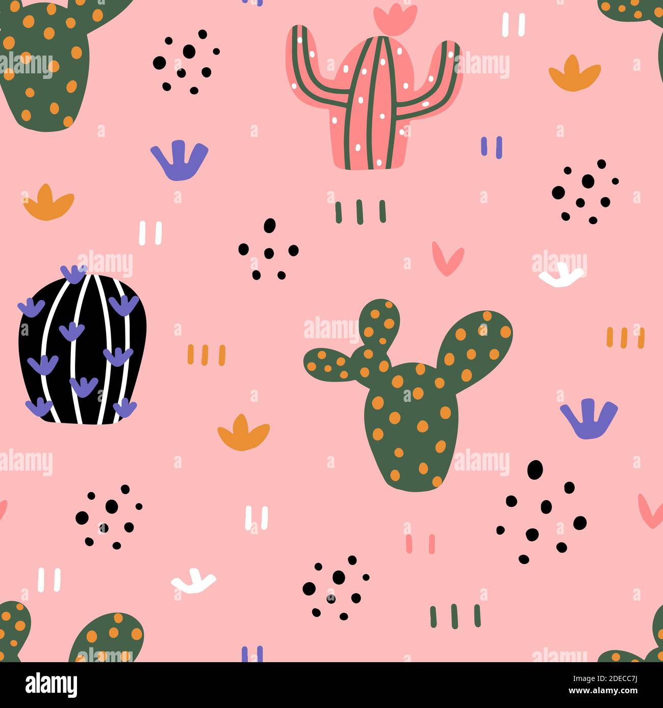 Cute cacti seamless pattern with hand drawn textures in Scandinavian ...