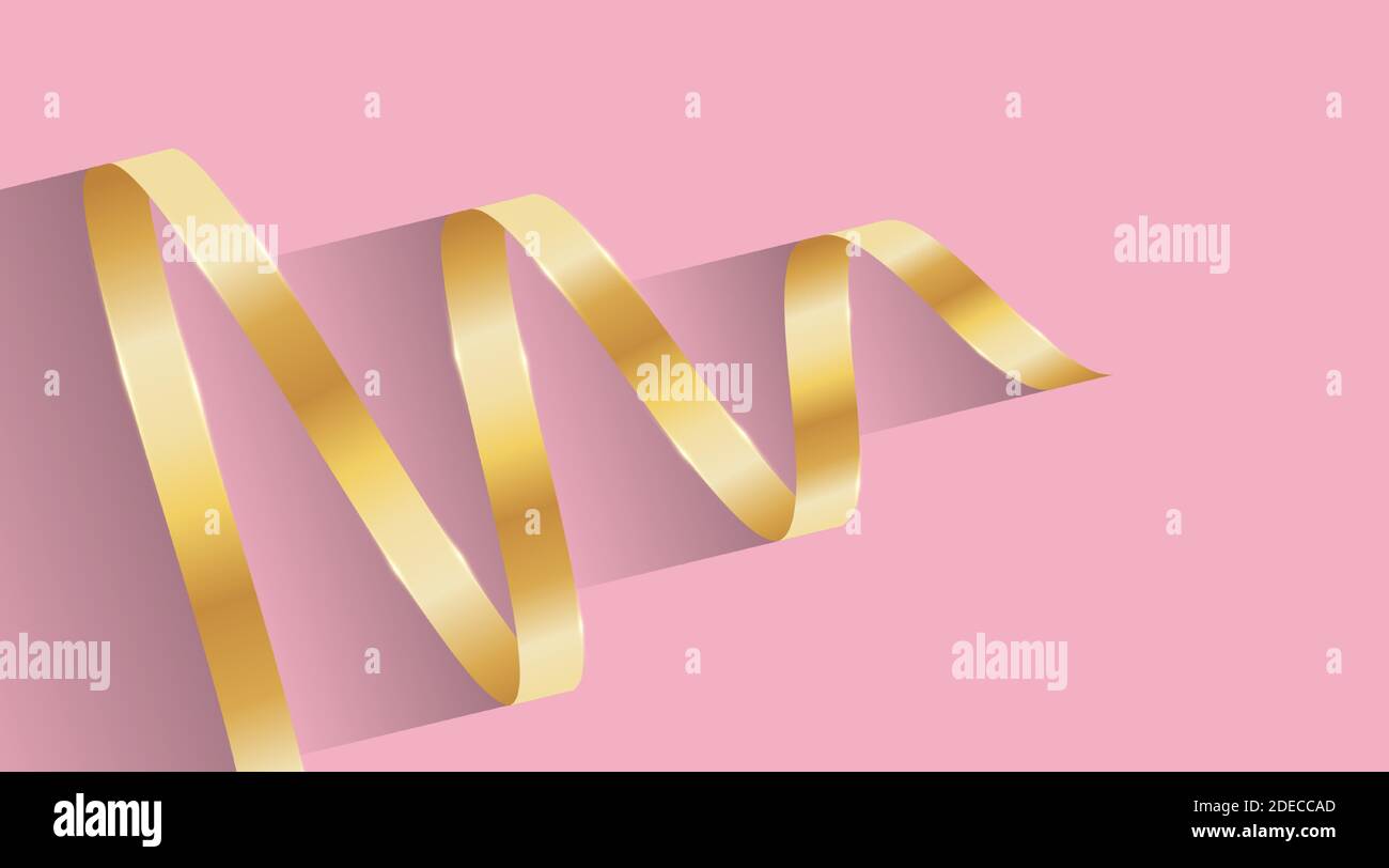 Gold colored ribbon design vector on pink background Stock Vector