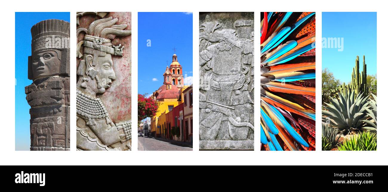 Collection of vertical banners with famous landmarks of Mexico. Bas-relief of mayan king Pakal, tower bell in Queretaro, atlantean in Tula, feathers f Stock Photo