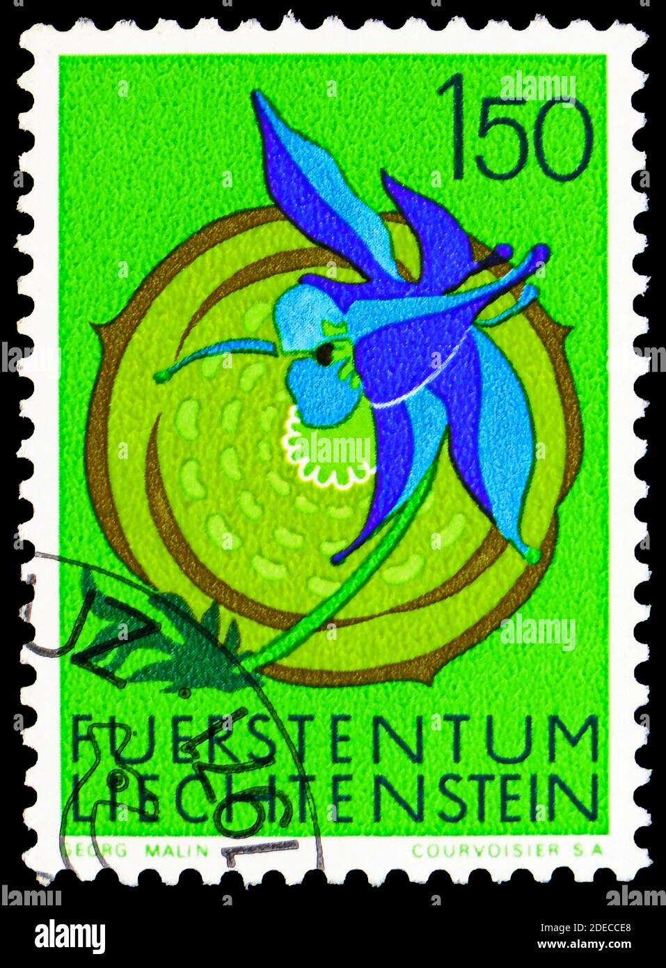 MOSCOW, RUSSIA - OCTOBER 17, 2020: Postage stamp printed in Liechtenstein shows Alpine Columbine (Aquilegia alpina), Flowers serie, circa 1971 Stock Photo