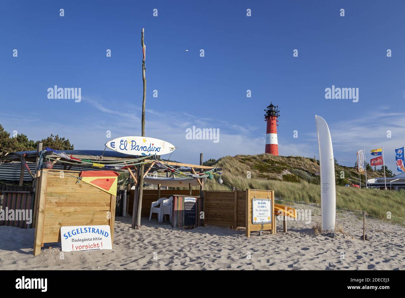 geography / travel, Germany, Schleswig-Holstein, isle Sylt, surfboard rental on beach with lighthouse, Additional-Rights-Clearance-Info-Not-Available Stock Photo