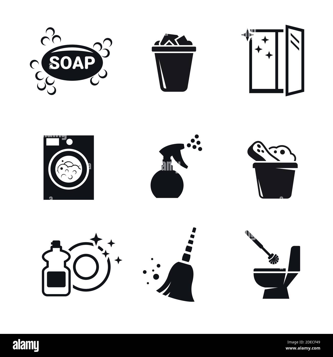 Set of black vector icons, isolated against white background. Flat illustration on a theme cleaning the house Stock Vector
