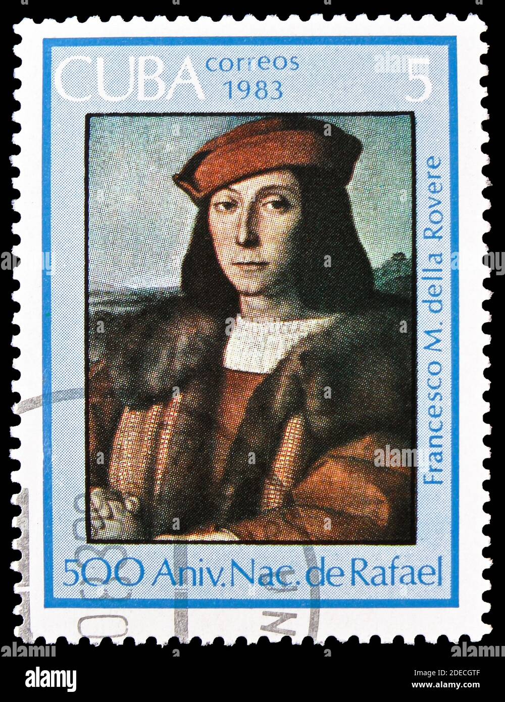 MOSCOW, RUSSIA - OCTOBER 17, 2020: Postage stamp printed in Cuba shows 'Francesco Maria I della Rovere', 1504-1505, Raffael, 500th Birthday serie, cir Stock Photo
