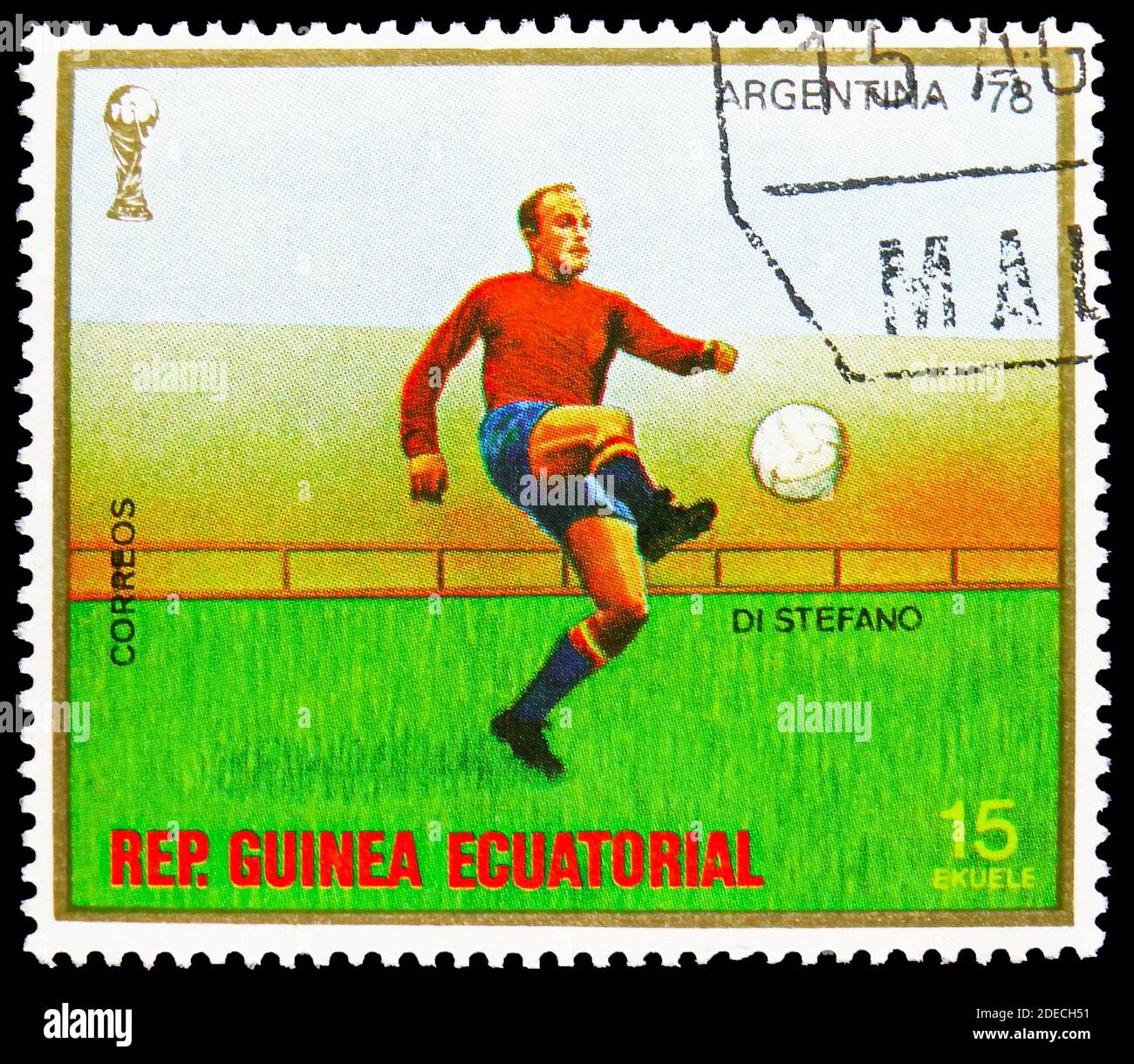 MOSCOW, RUSSIA - OCTOBER 17, 2020: Postage stamp printed in Equatorial Guinea shows Di Stefano, Football World Cup 1978, Argentina serie, circa 1978 Stock Photo