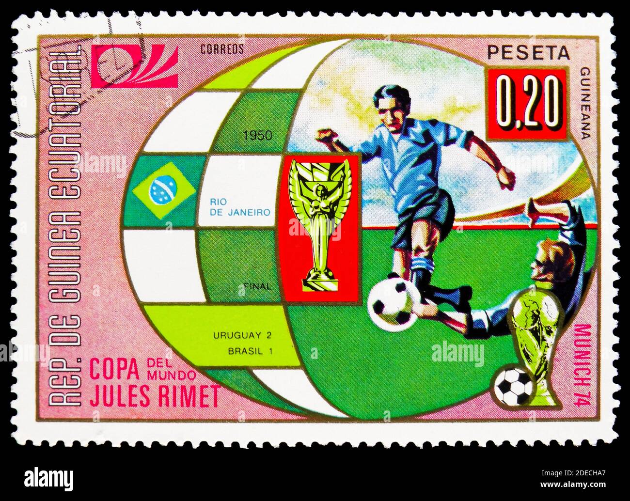 MOSCOW, RUSSIA - OCTOBER 17, 2020: Postage stamp printed in Equatorial Guinea shows Rio de Janeiro, Football World Cup 1974, Germany: Earlier World Cu Stock Photo