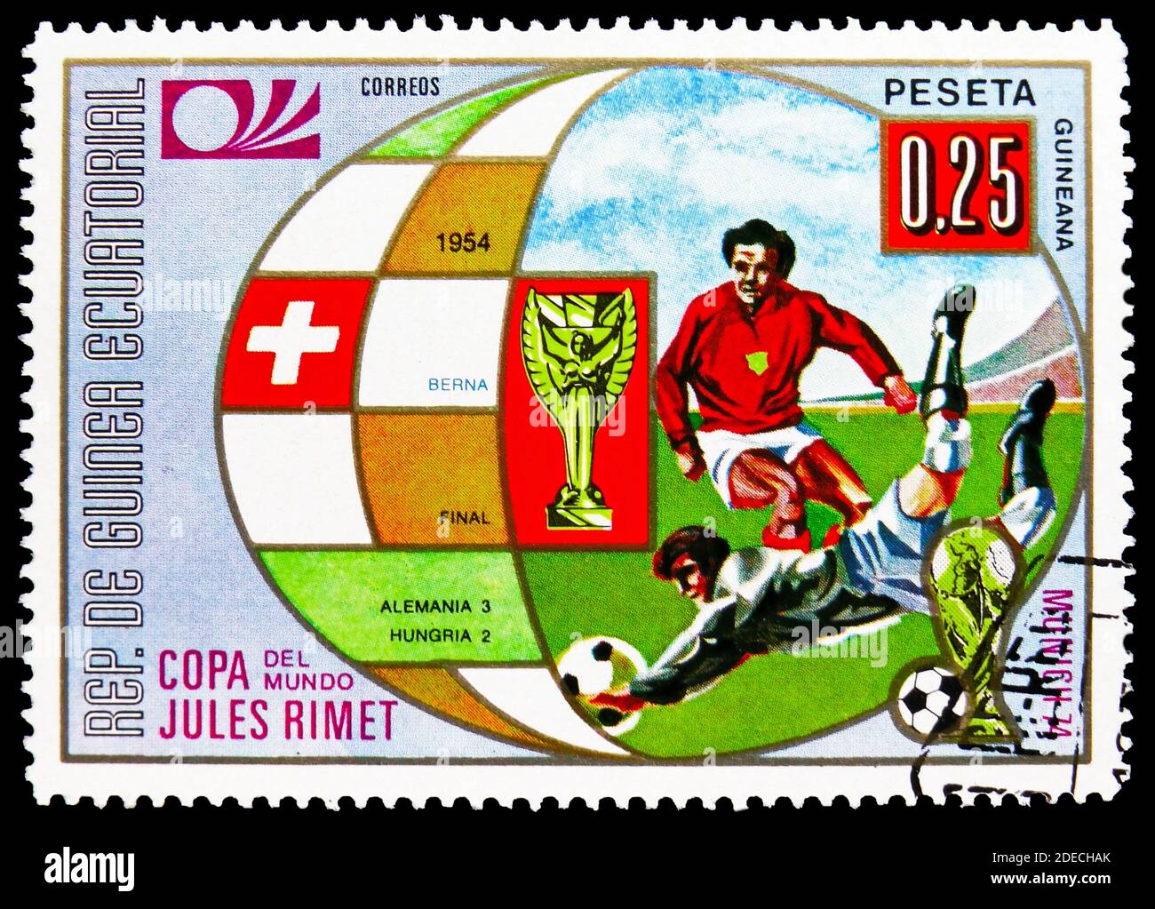 MOSCOW, RUSSIA - OCTOBER 17, 2020: Postage stamp printed in Equatorial Guinea shows Bern, Football World Cup 1974, Germany: Earlier World Cup finals s Stock Photo