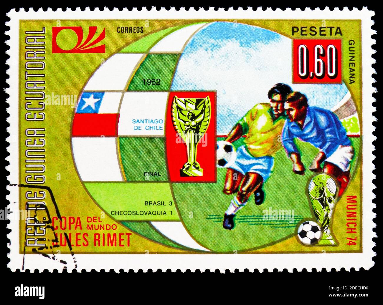 MOSCOW, RUSSIA - OCTOBER 17, 2020: Postage stamp printed in Equatorial Guinea shows Santiago de Chile, Football World Cup 1974, Germany: Earlier World Stock Photo