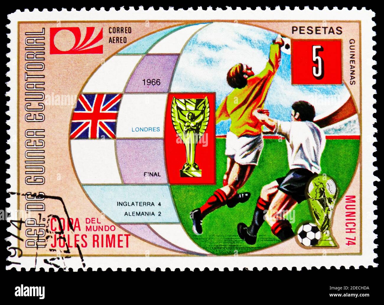 MOSCOW, RUSSIA - OCTOBER 17, 2020: Postage stamp printed in Equatorial Guinea shows London, Football World Cup 1974, Germany: Earlier World Cup finals Stock Photo
