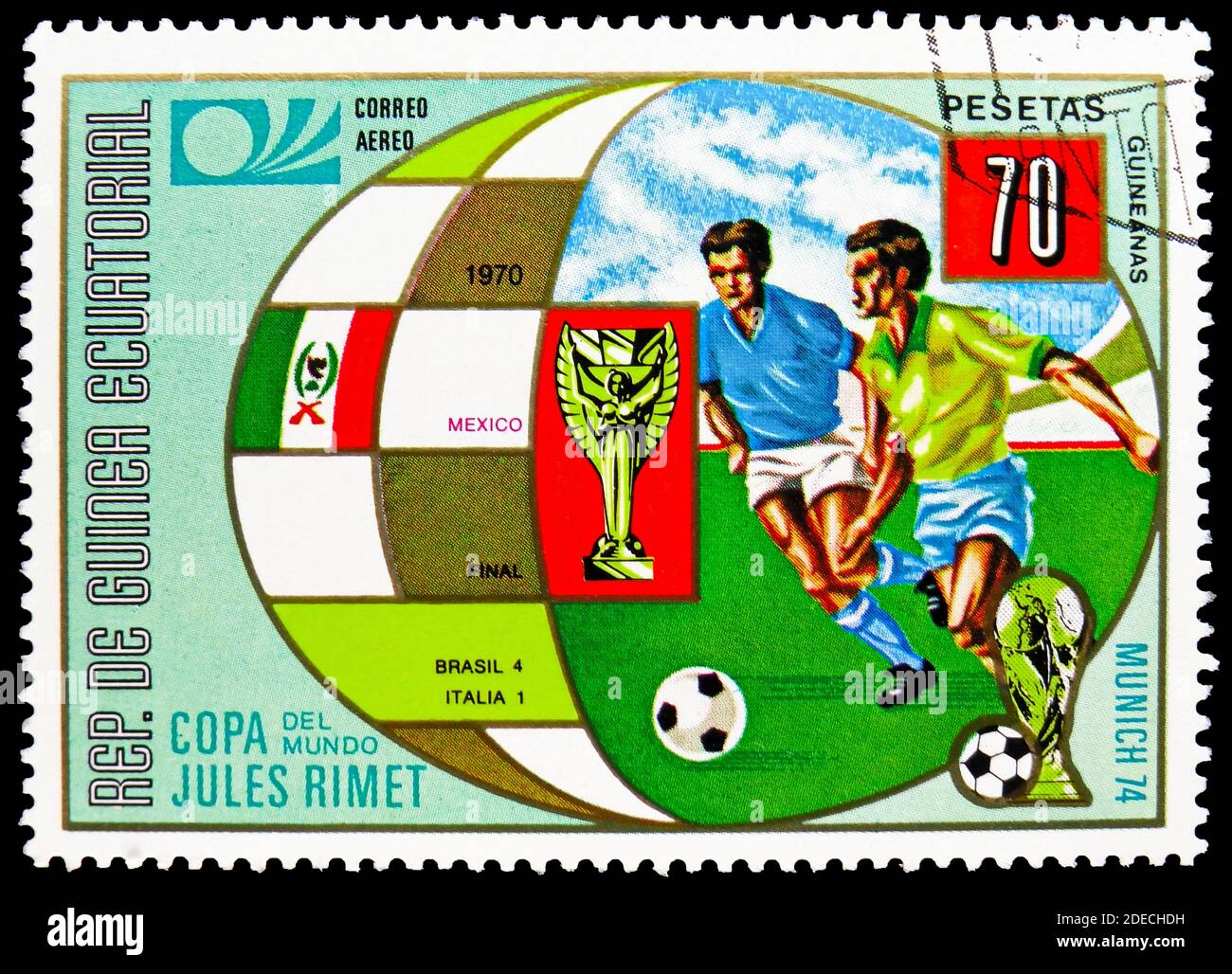 MOSCOW, RUSSIA - OCTOBER 17, 2020: Postage stamp printed in Equatorial Guinea shows Mexico city, Football World Cup 1974, Germany: Earlier World Cup f Stock Photo