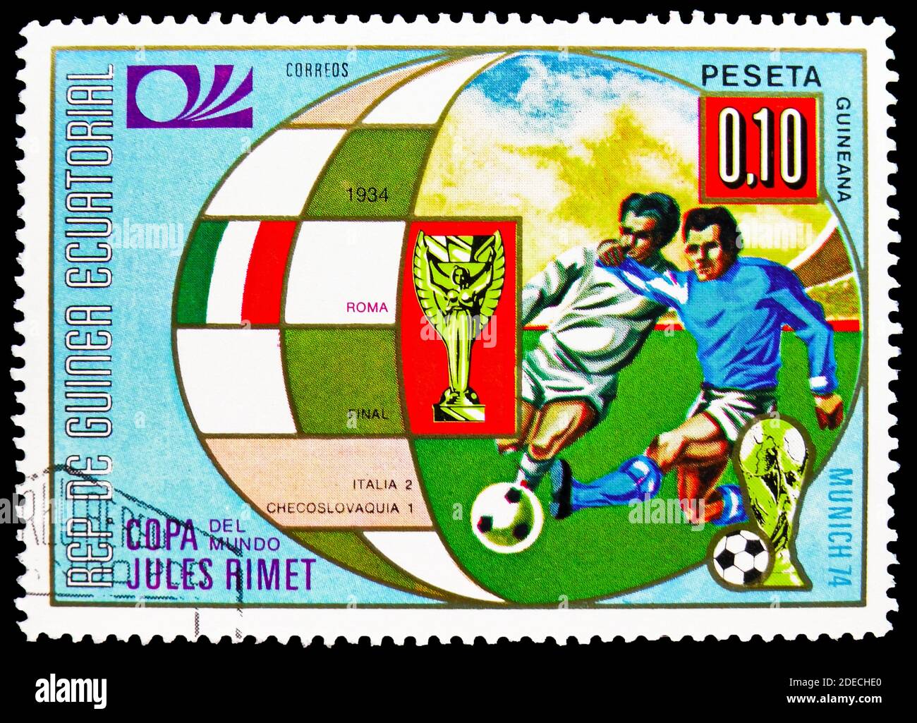 MOSCOW, RUSSIA - OCTOBER 17, 2020: Postage stamp printed in Equatorial Guinea shows Rome, Football World Cup 1974, Germany: Earlier World Cup finals s Stock Photo