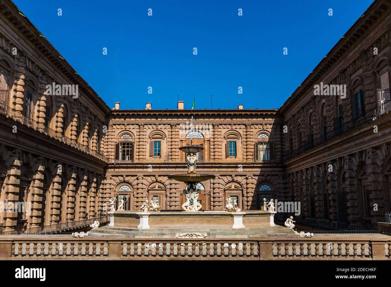 Beautiful view of the courtyard on the terrace of the main floor of the Palazzo Pitti with the famous Artichoke Fountain in Florence, Italy. It is... Stock Photo