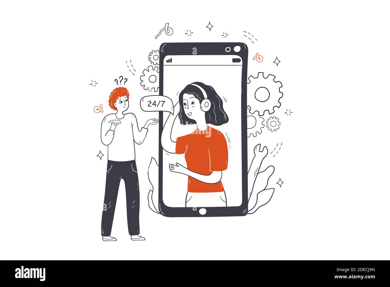 Customer service, online support concept. Man consumer client cartoon