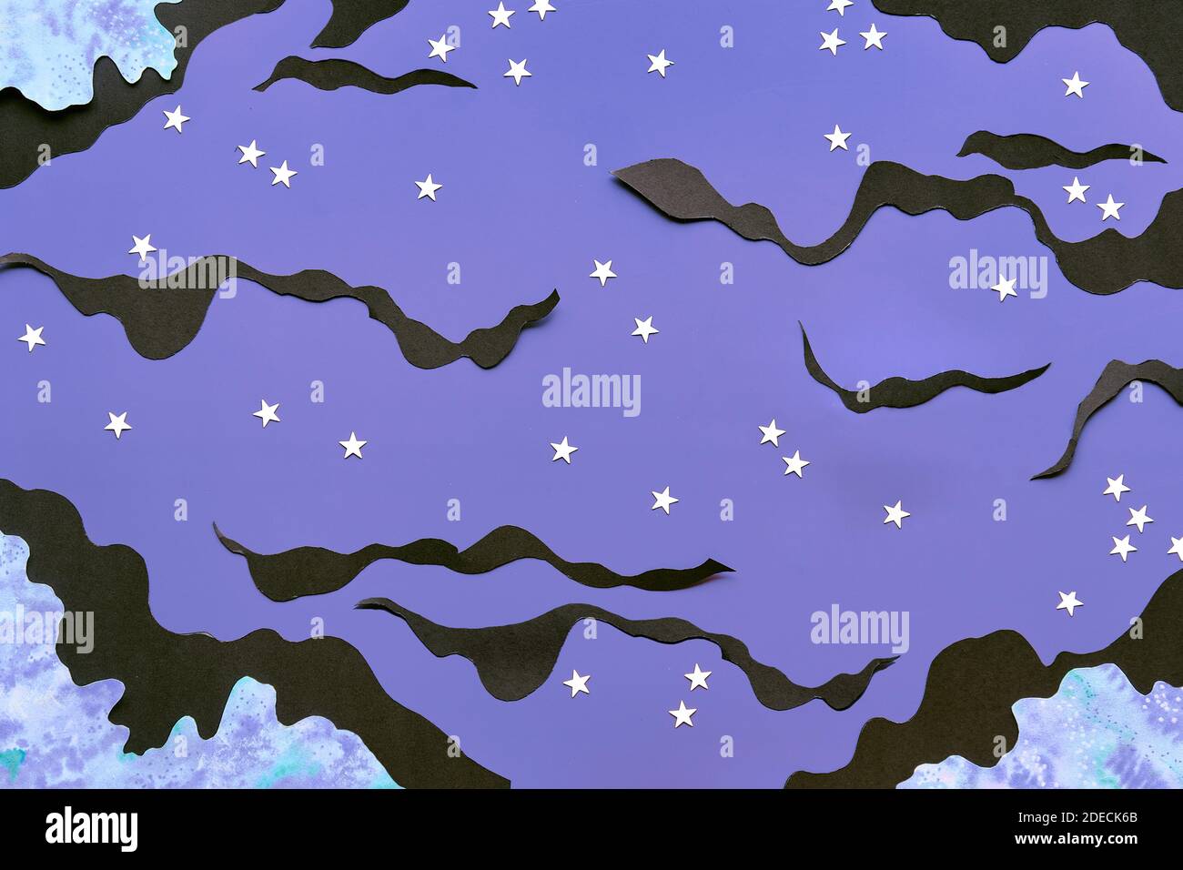 Night sky, paper art, collage. Purple background with watercolor blue