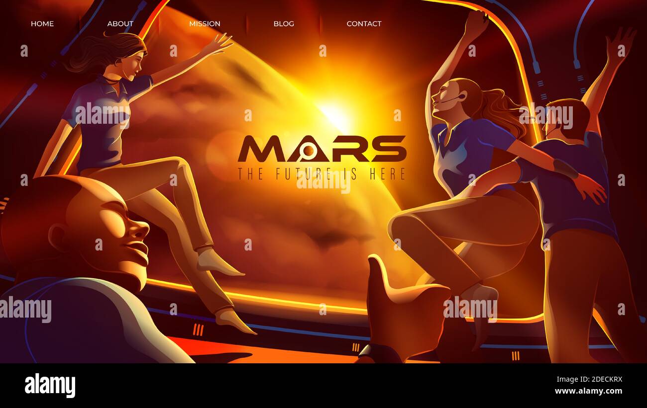 Vector illustration featuring the expedition of 4 space astronauts congratulate together inside the spaceship for arriving the mars Stock Vector