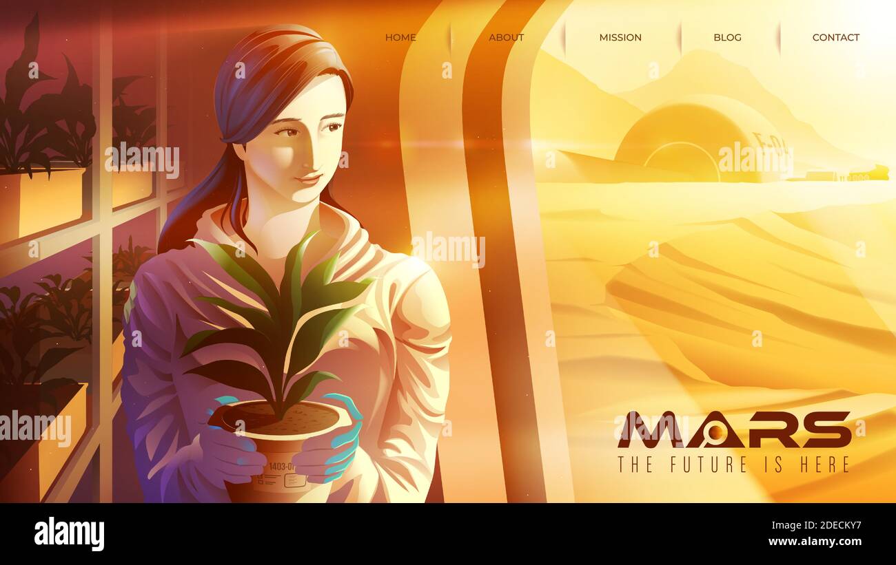 Vector illustration featuring a female Asian scientist is smiling and working in the plantation center on mars Stock Vector