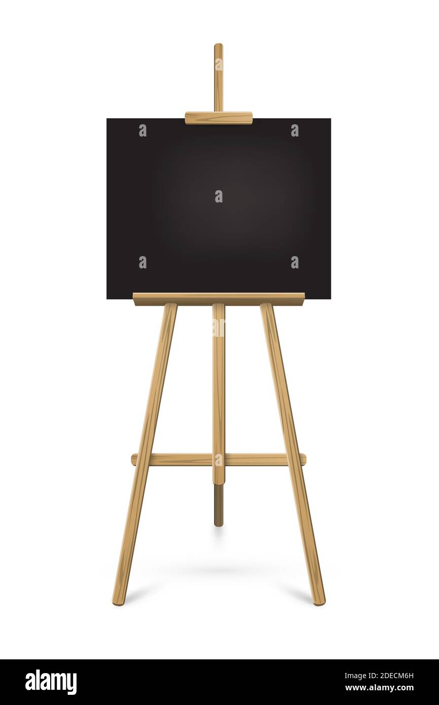 Easel with black horizontal paper sheet. Vector realistic design element isolated on white background. Stock Vector