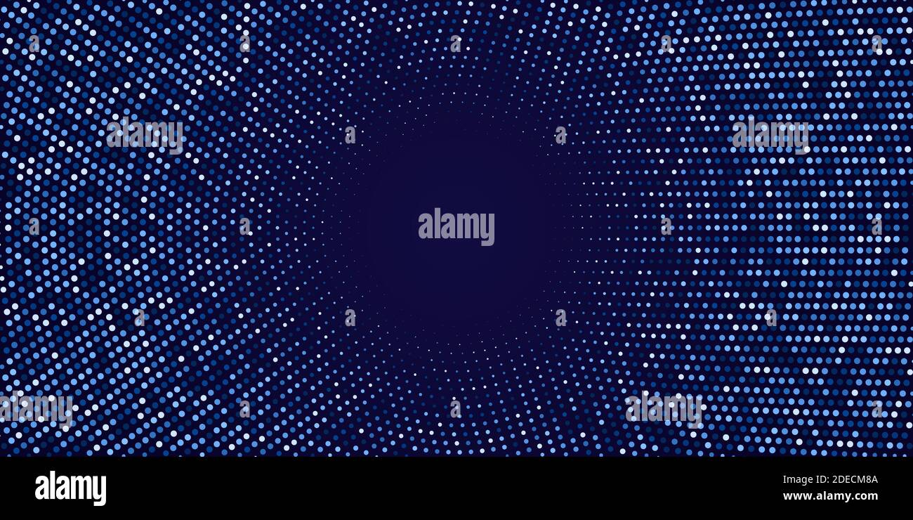 Abstract halftone circular background. Blue dot pattern on dark ...