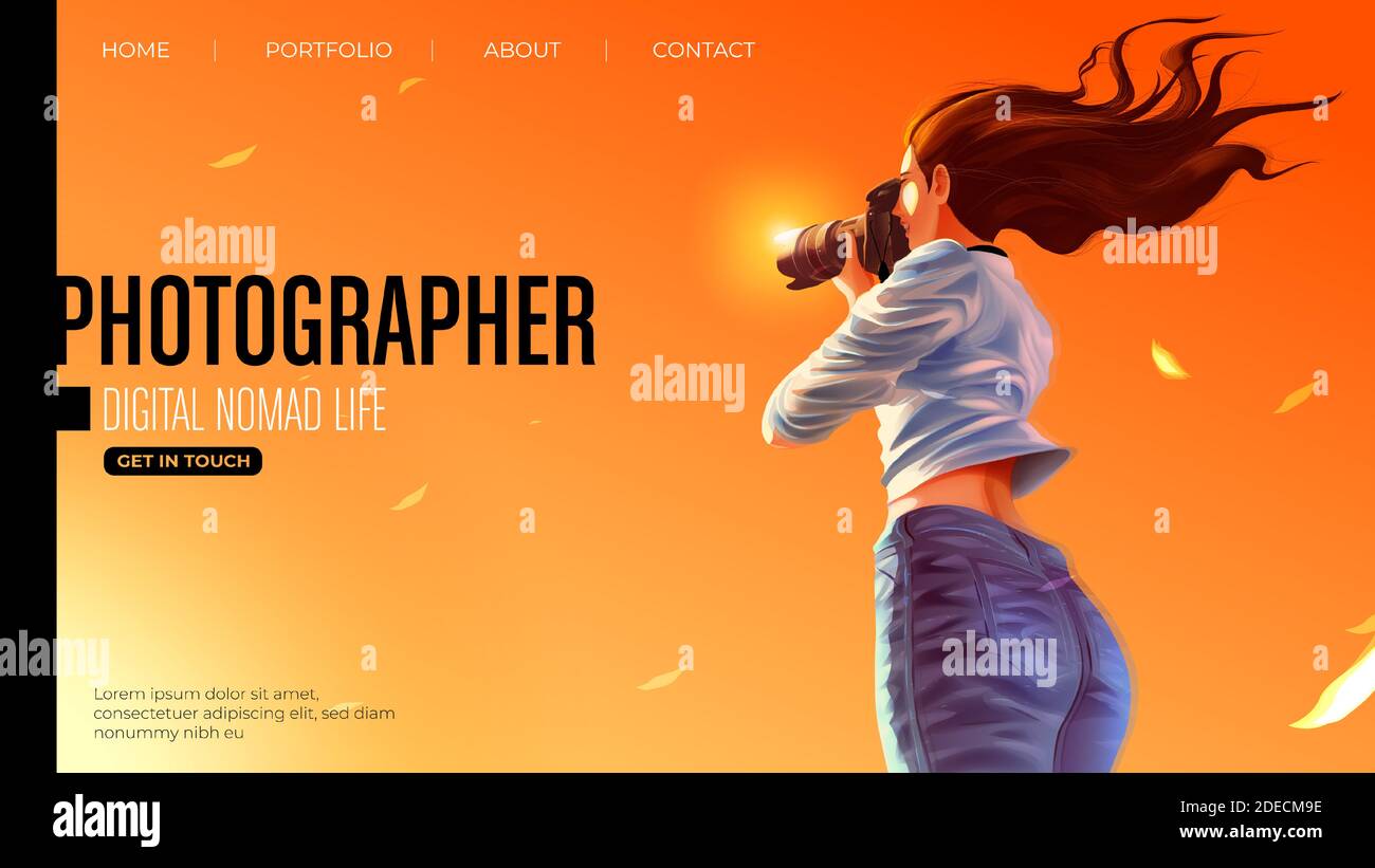 Template design for landing page in vector illustration of the lady photographer is smiling and taking a photo of the beautiful sunset Stock Vector