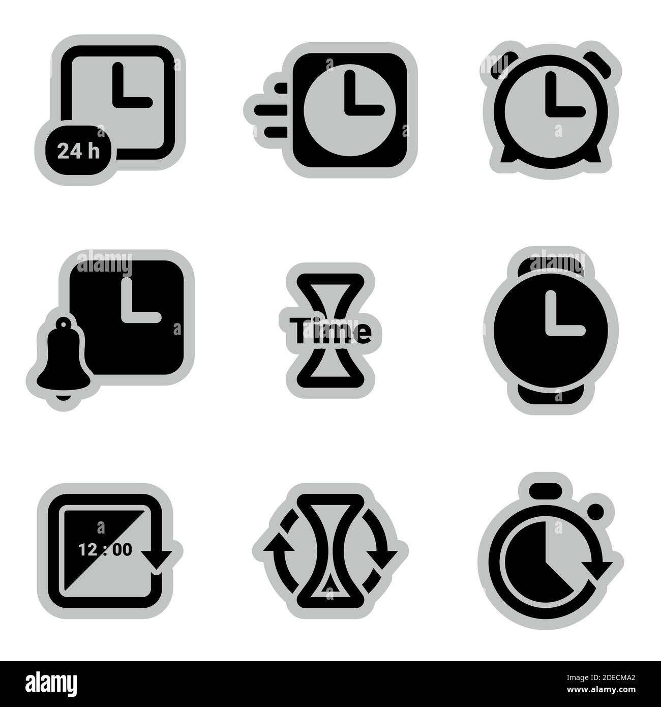 Icons for theme Clock, time, timer, alarm clock , vector, icon, set. White background Stock Vector