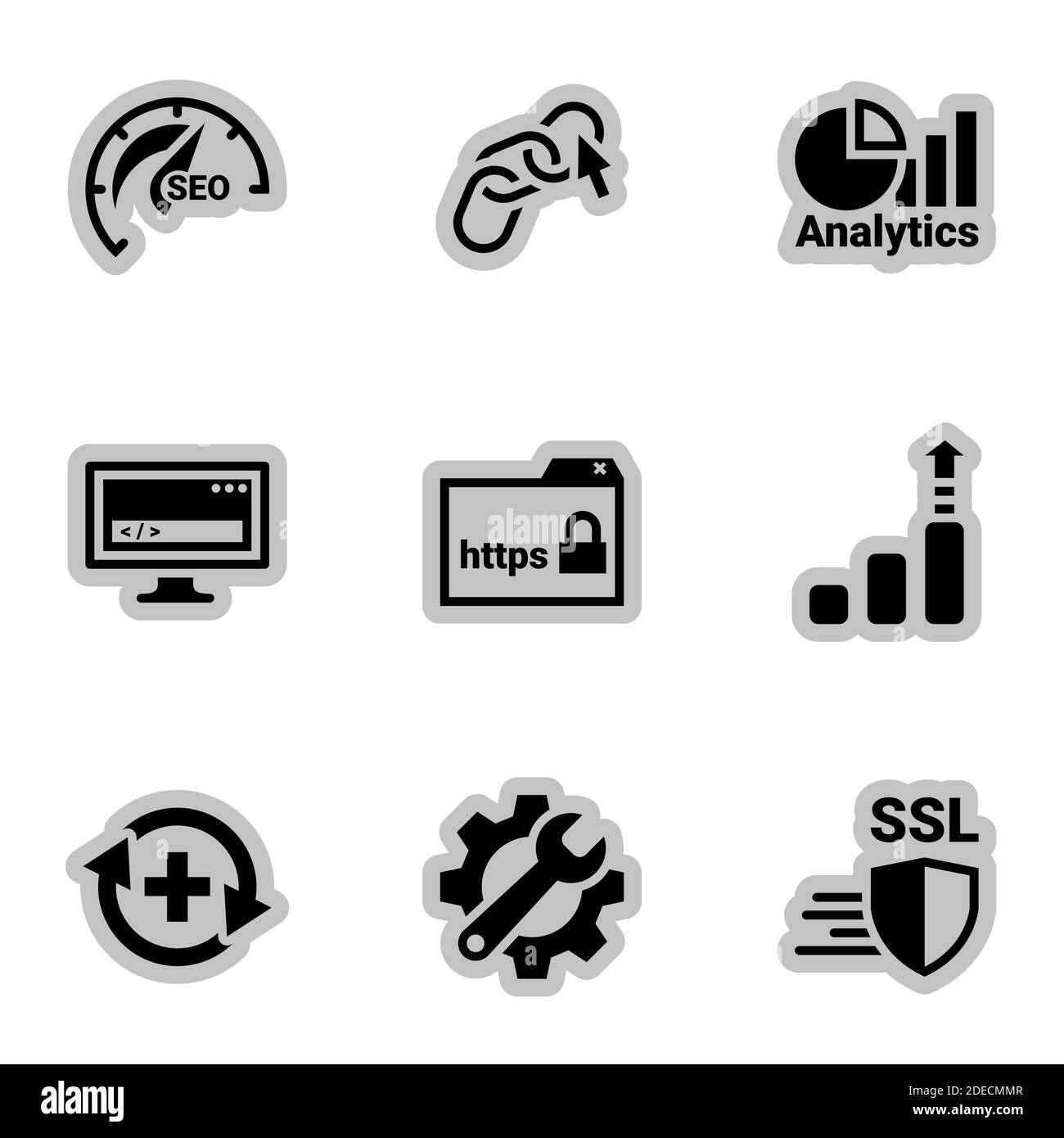 Icons for theme SEO Optimization and Security, vector, icon, set. White background Stock Vector