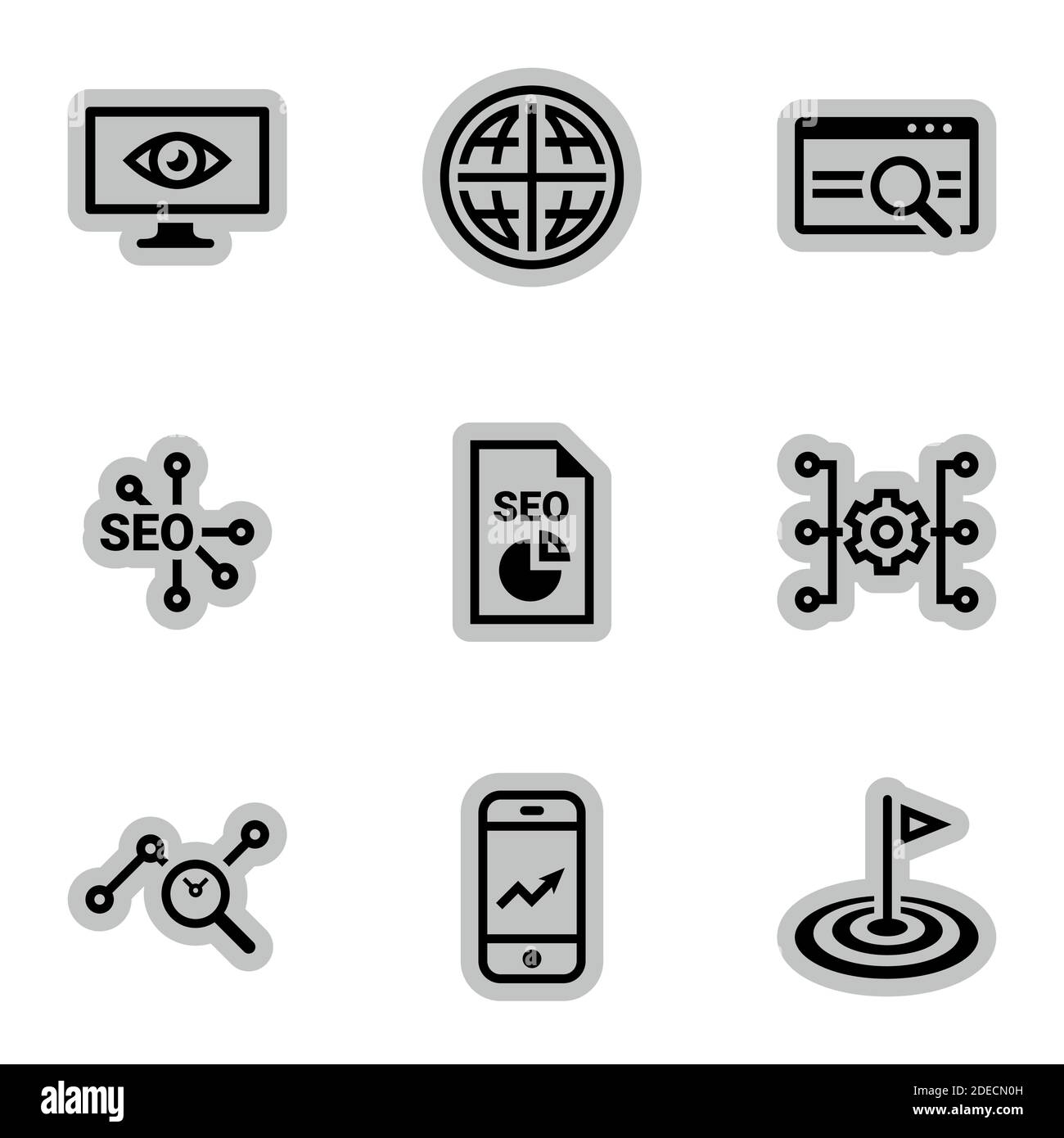 Icons for theme SEO optimization and promotion, vector, icon, set. White background Stock Vector