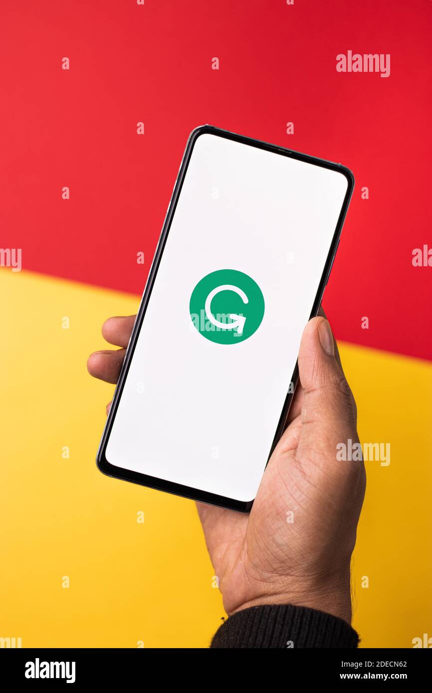 Assam, india - November 29, 2020 : Grammarly logo on phone screen stock image. Stock Photo