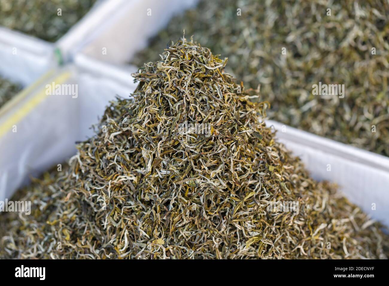 Close up of shredded green tea leaves. At a shop in a chinese village. Tea is the most popular beverage in China. Stock Photo