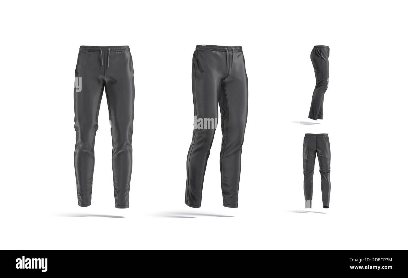 Blank black sport pants mockup, different views, 3d rendering