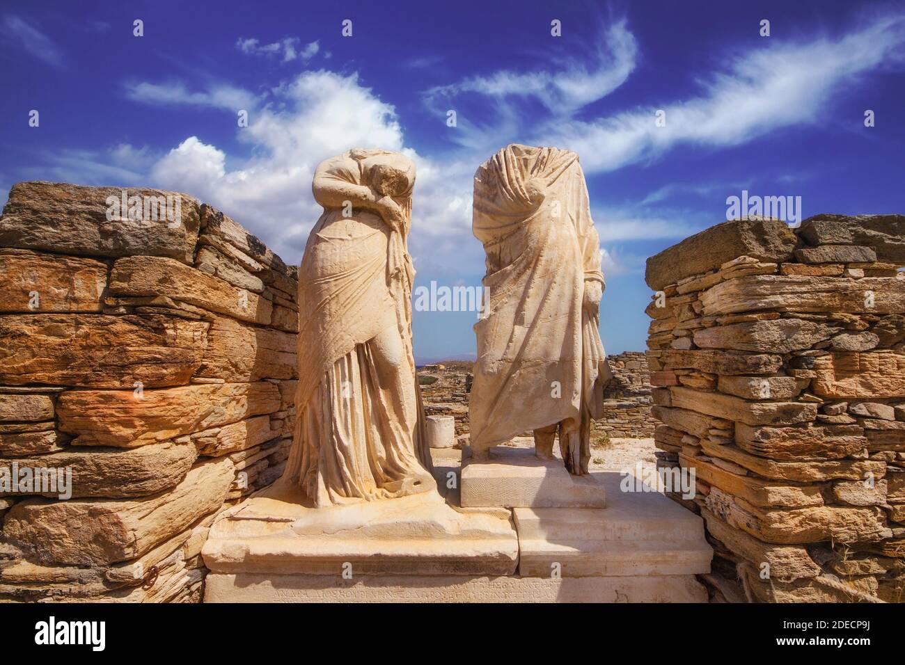 Sculptures of Cleopatra and Dioskourides in The House of Cleopatra, Delos island, Greece Stock Photo