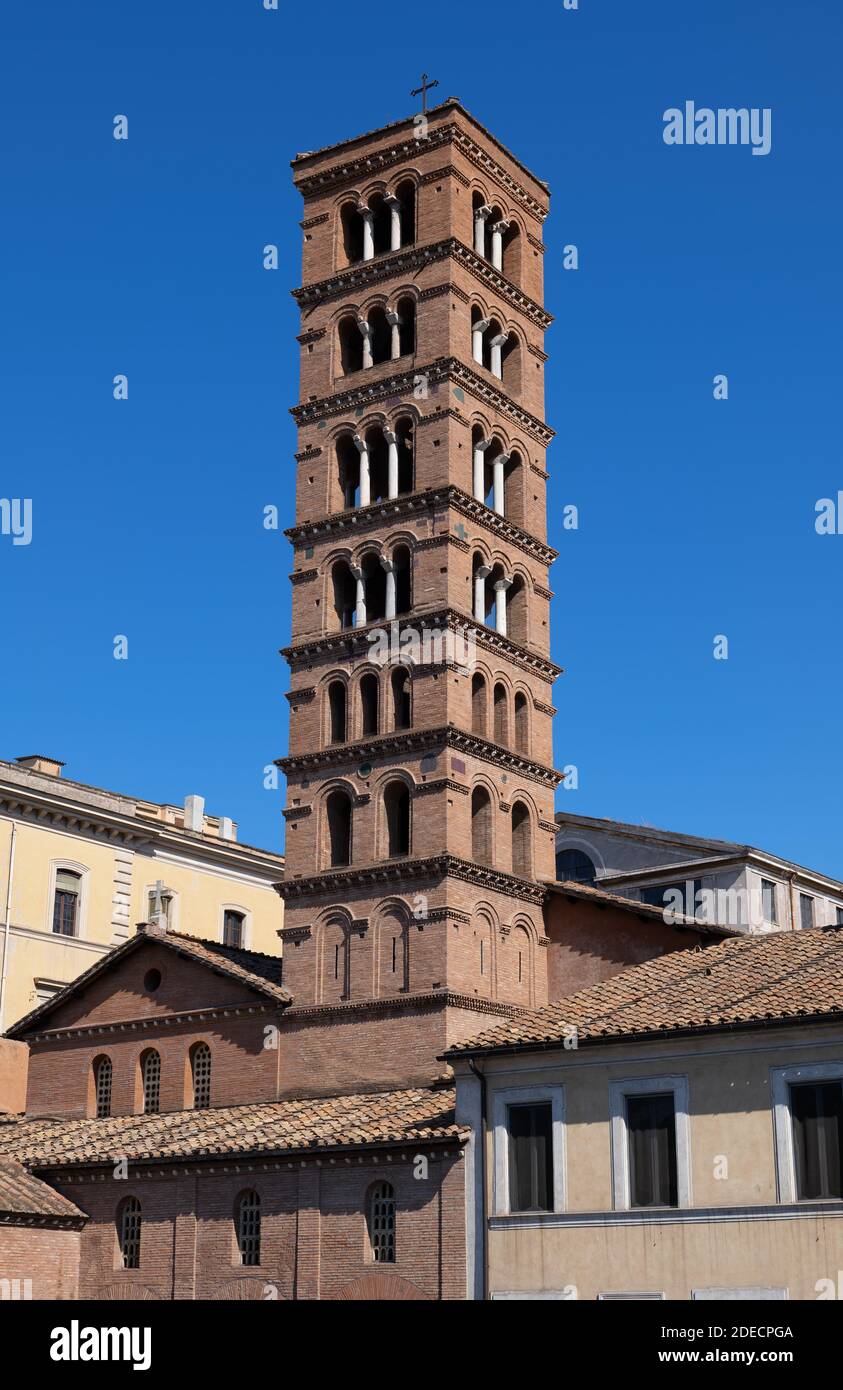 Medieval church bell tower of the Basilica of Saint Mary in Cosmedin in Rome, Italy Stock Photo