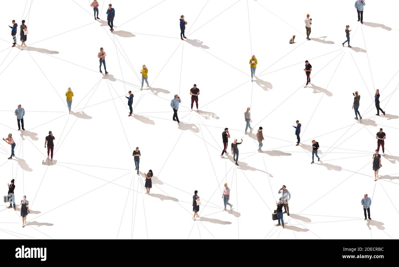 Internet Crowd Aerial view of crowd people connected by lines, social media and ...